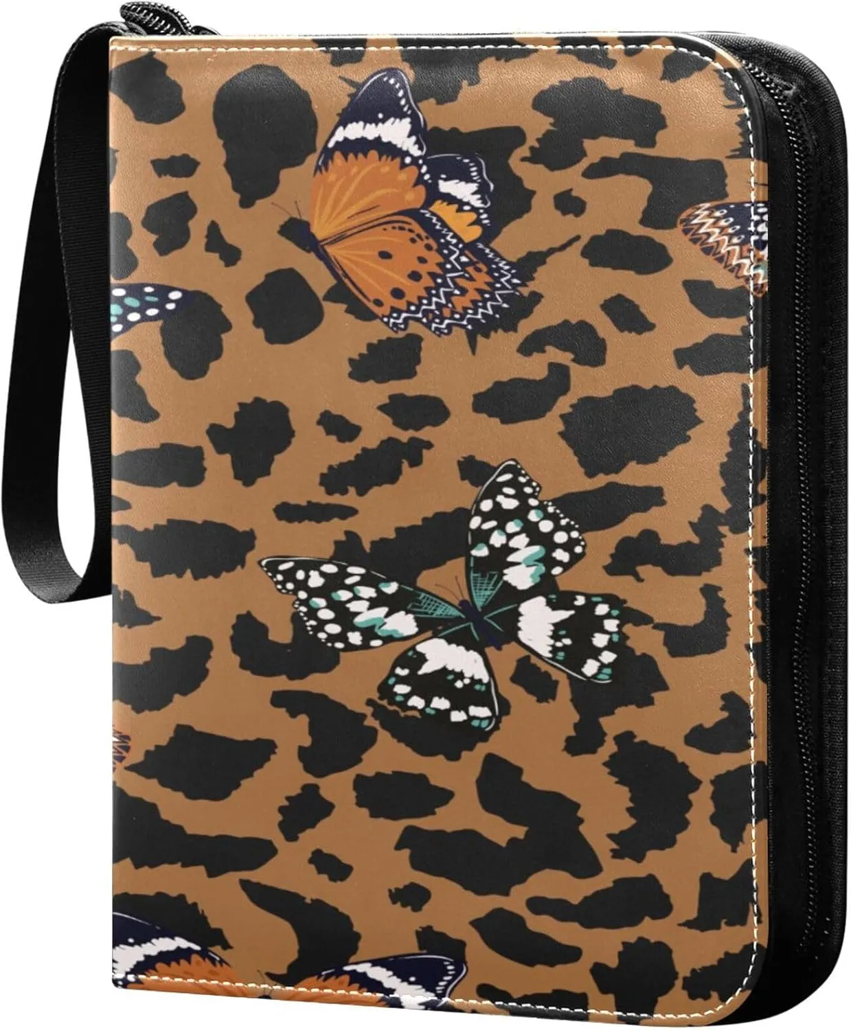 Exnundod 4 Pocket Trading Card Binder Colorful Butterflies Flying PU Leather Card Collection Binder Animal Leopard Skin 400 Cards Organizer Binder Collectible Trading Card Albums for Sports Game Card