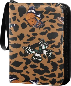 Exnundod 4 Pocket Trading Card Binder Colorful Butterflies Flying PU Leather Card Collection Binder Animal Leopard Skin 400 Cards Organizer Binder Collectible Trading Card Albums for Sports Game Card