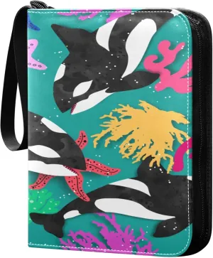 Exnundod 4 Pocket Trading Card Binder Cute Whales Starfishes PU Leather Card Collection Binder Colorful Corals Sports Card Binder 400 Cards Organizer Trading Card Albums for Cards