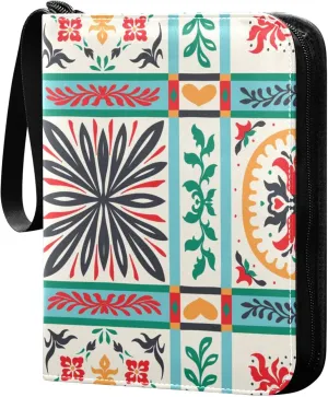 Exnundod 4 Pocket Trading Card Binder Italian Majolica Tile Pattern PU Leather Card Collection Binder Colorful Boho 400 Cards Organizer Binder Collectible Trading Card Albums for Sports Game Card