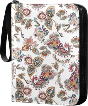 Exnundod 4 Pocket Trading Card Binder Paisley Vintage Pattern PU Leather Card Collection Binder Colorful Flowers 400 Cards Organizer Binder Collectible Trading Card Albums for Sports Game Card
