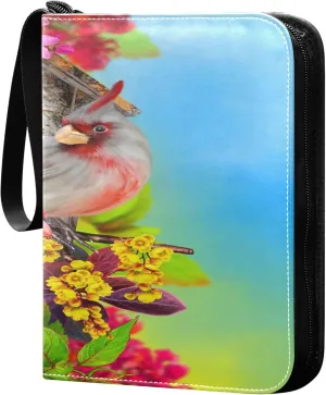 Exnundod 4 Pocket Trading Card Binder Spring Colorful Bird, PU Leather Card Collection Binder Summer Blossoming Tree 400 Cards Organizer Binder Collectible Trading Card Albums for Sports Game Card