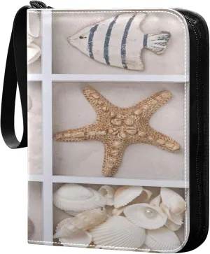 Exnundod Beach Sand Seashells Trading Card Binder for Cards, Seastars Fish Sports Card Binder Card Album 4-Pockets for 400 Cards PU Baseball Football Game Cards Collection