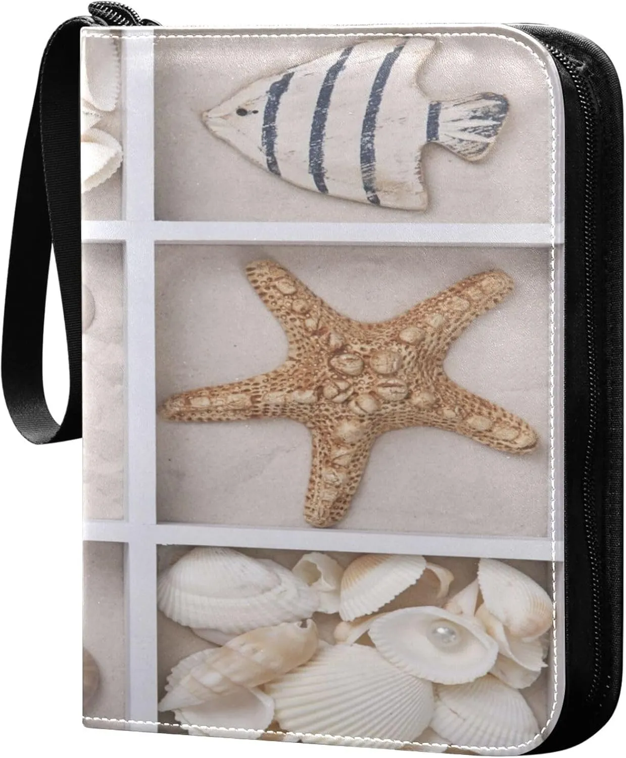 Exnundod Beach Sand Seashells Trading Card Binder for Cards, Seastars Fish Sports Card Binder Card Album 4-Pockets for 400 Cards PU Baseball Football Game Cards Collection