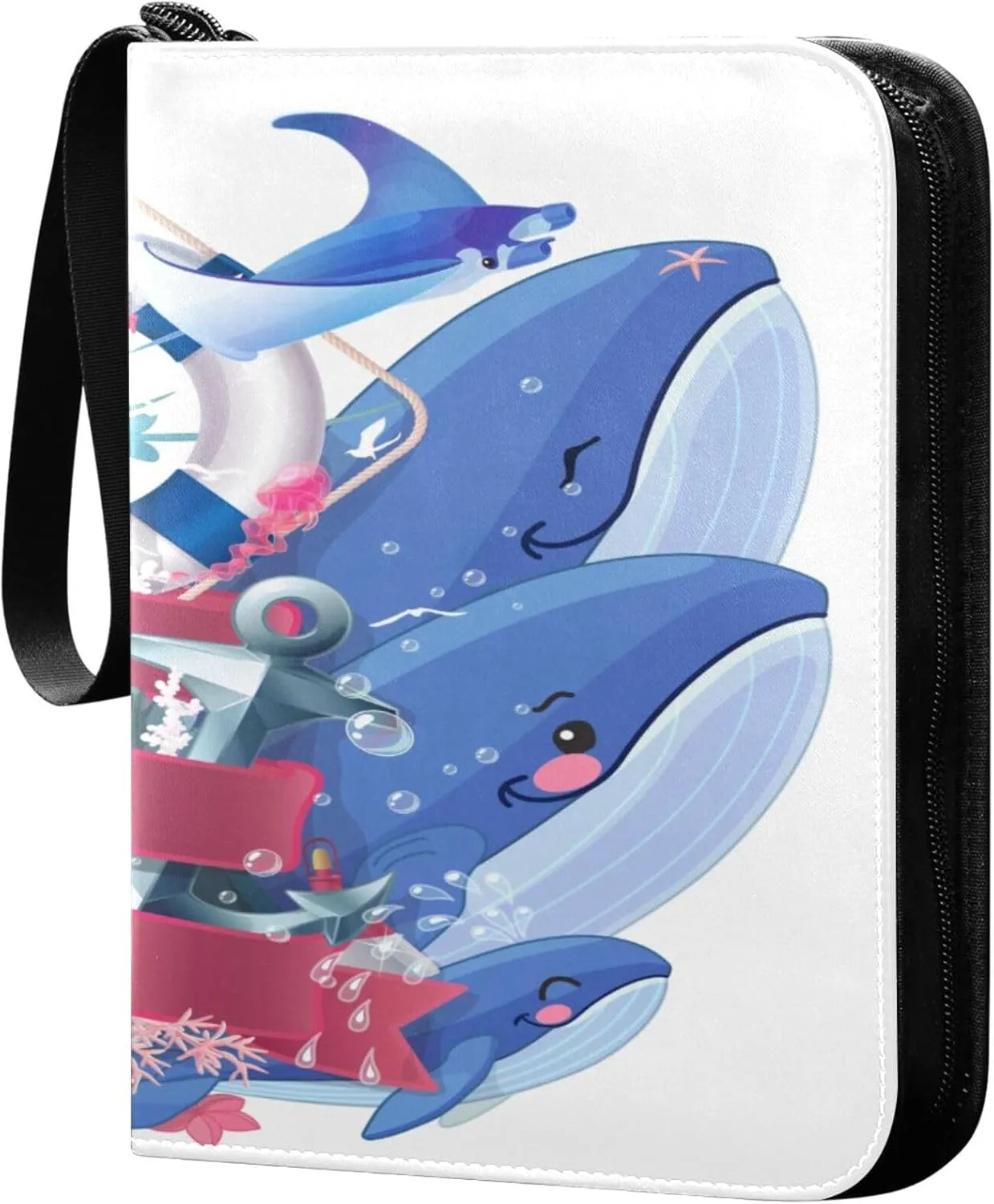 Exnundod Cartoon Whale Anchor Lighthouse Trading Card Binder for Cards, Creative Maritime Card Album 4-Pockets for 400 Cards with Removable Sleeves PU Baseball Card Holder Football Sports Card Collec