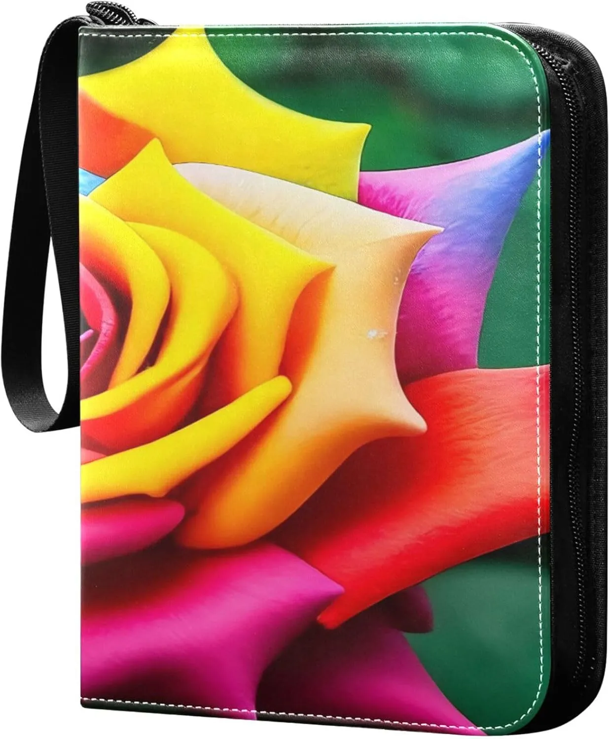 Exnundod Dream Art Colorful Rose Trading Card Binder for Cards, Valentines Beautiful Card Album 4-Pockets for 400 Cards with Removable Sleeves PU Baseball Card Holder Football Sports Card Collection