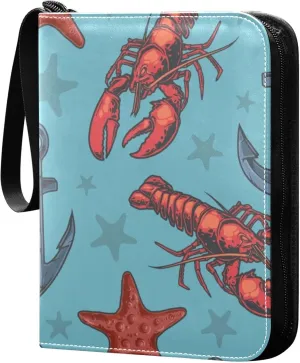 Exnundod Sport Card Binder Sea Lobsters Anchor 4 Pocket Trading Card Binder PU Leather Card Collection Colorful Crustacean Animals 400 Cards Organizer Trading Card Albums for Sports Game Card