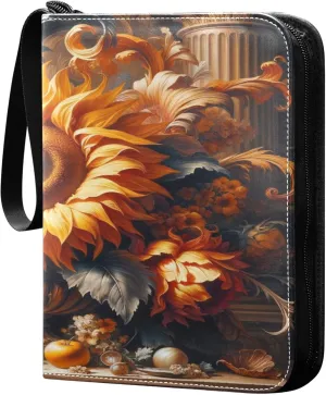 Exnundod Sunflower Artistic Summer Trading Card Binder for Cards, Oil Painting Card Album 4-Pockets for 400 Cards with Removable Sleeves PU Baseball Card Holder Football Sports Card Collection