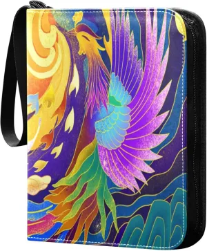 Exnundod Unique Phoenix Birds Trading Card Binder for Cards, Colorful Card Album 4-Pockets for 400 Cards with Removable Sleeves PU Baseball Card Holder Football Sports Card Collection