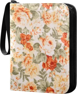 Exnundod Vintage Colorful Floral Trading Card Binder for Cards, Card Album 4-Pockets for 400 Cards with Removable Sleeves PU Baseball Card Holder Football Sports Card Collection