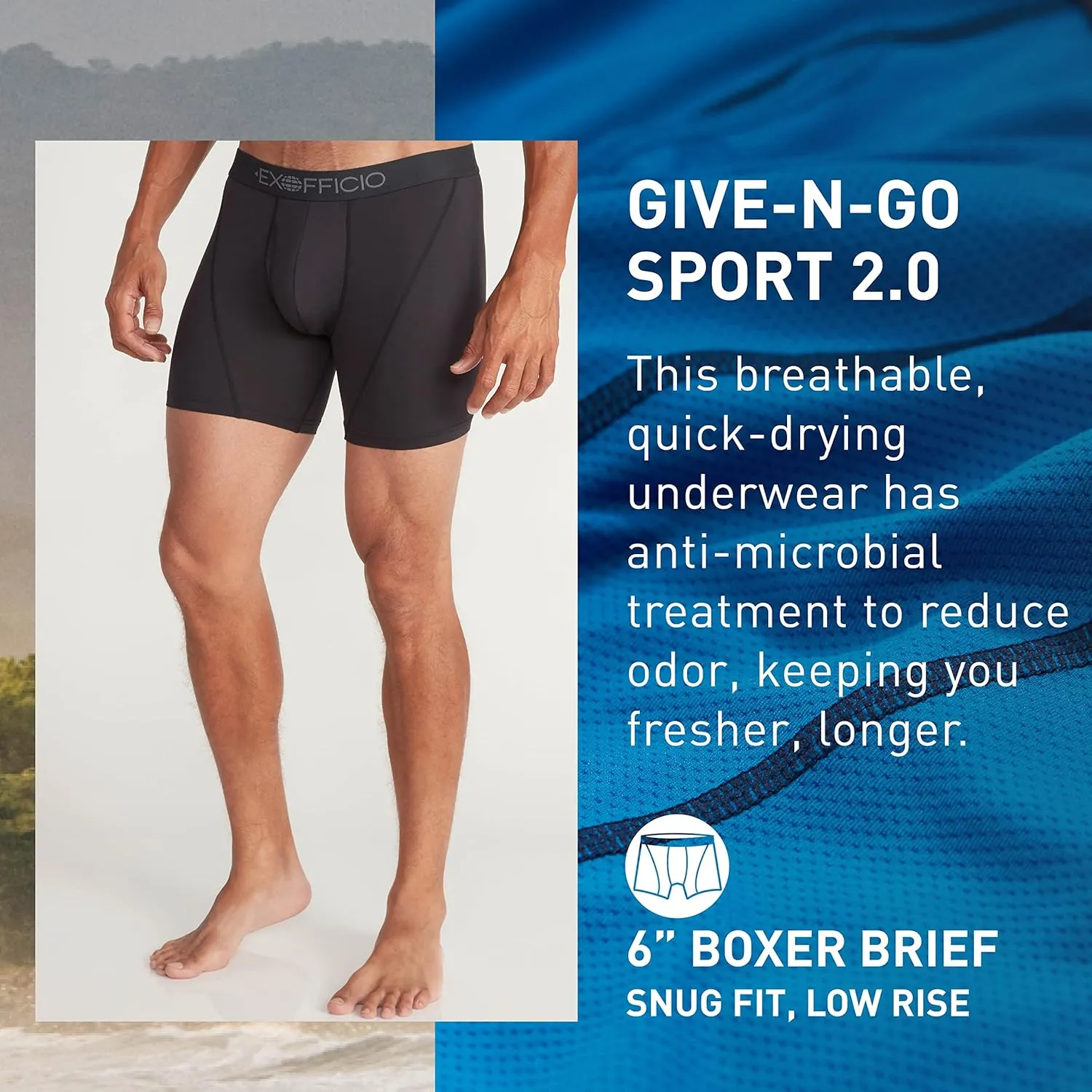 ExOfficio Men's Give-N-Go Sport 2.0 Boxer Brief 6 " Travel Underwear for Men, Breathable and Durable, Easy Clean
