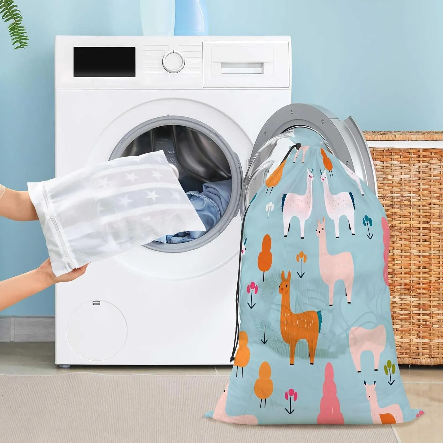Extra Large Travel Laundry Bag And Mesh Laundry Bag, Rip-Stop Dirty Clothes Bag with Drawstring, Duty Travel Laundry Bag, Large Laundry Hamper Liner (24" x 36") Cute Alpaca (3) (1)