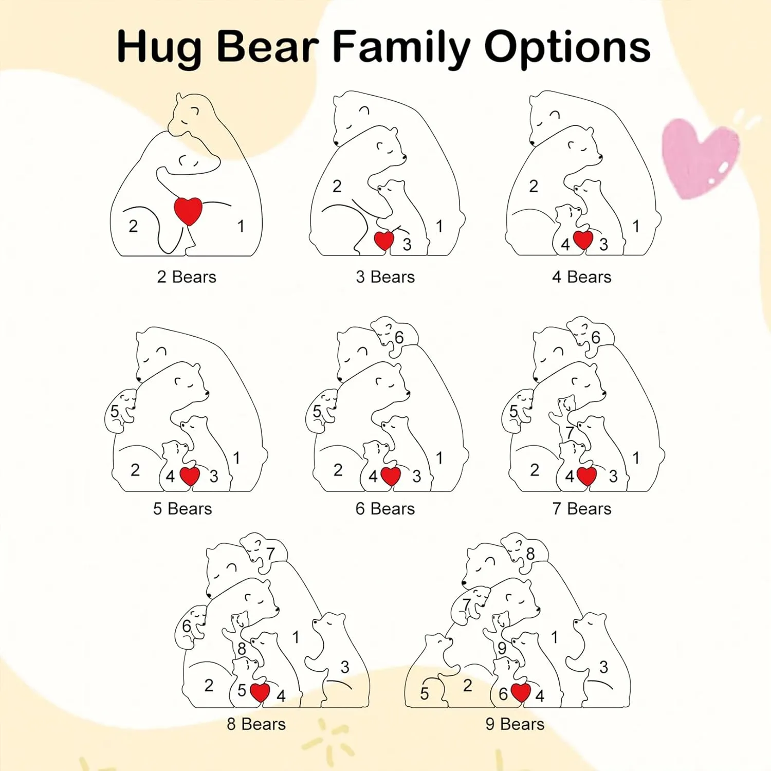 Family Name Gifts for Mama Personalized Wooden Puzzle with 2-9 Family Name Customizable Wooden Gift for Home Decor Mother Day Father Day Birthday Christmas (Bear 1)