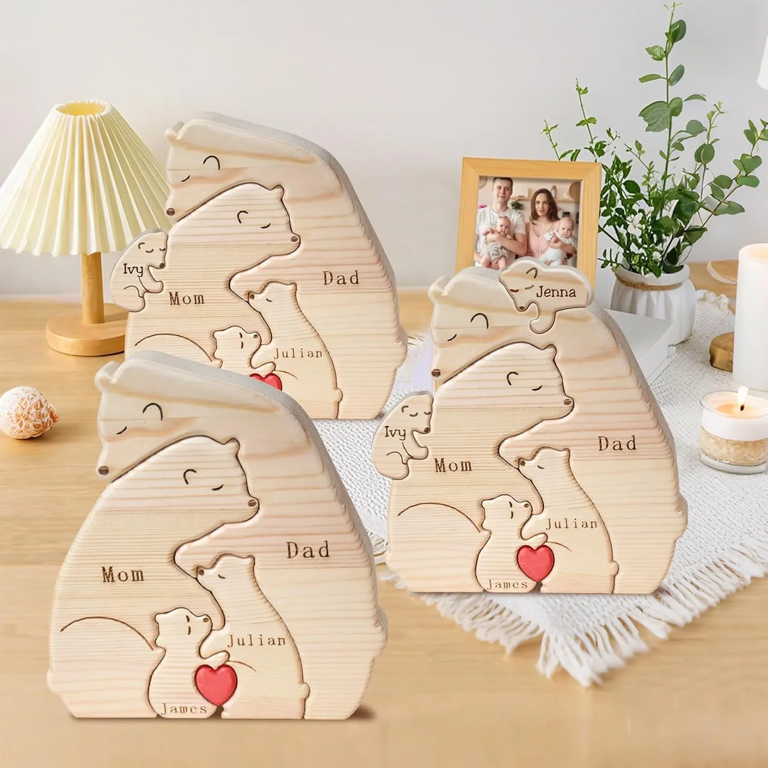 Family Name Gifts for Mama Personalized Wooden Puzzle with 2-9 Family Name Customizable Wooden Gift for Home Decor Mother Day Father Day Birthday Christmas (Bear 1)