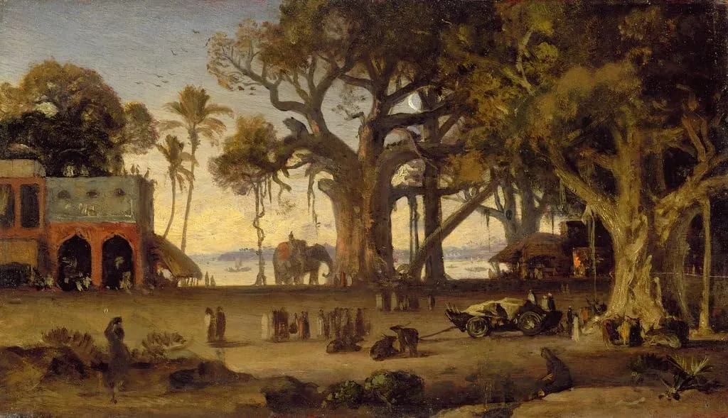 FANBUiHU Famous Painting Artwork Famous Print Moonlit Scene of Indian Figures by Johan Joseph Zoffany Wall Canvas Print for Office Decor 60x90cm
