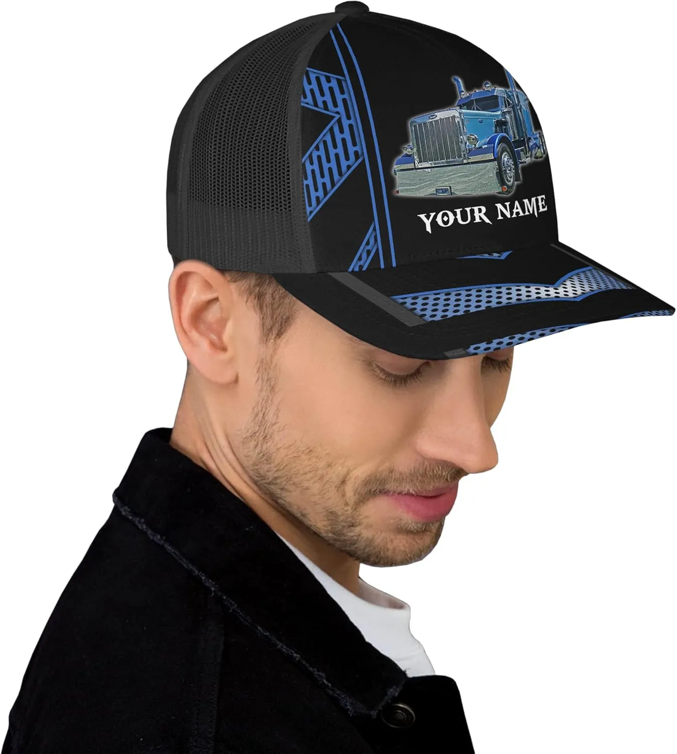 Fashion Trucker Mesh Trucker Hats Personalized Semi Truck and Leather Pattern Netback Cap for Truck Driver