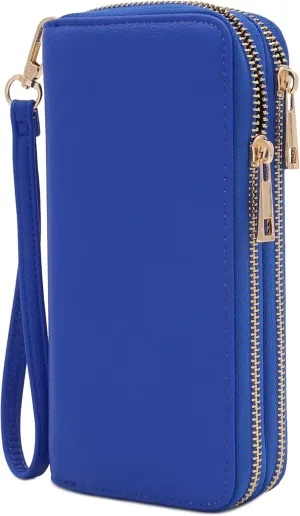 FashionPuzzle Double Zip Around PU Leather Wristlet Cell Phone Wallet