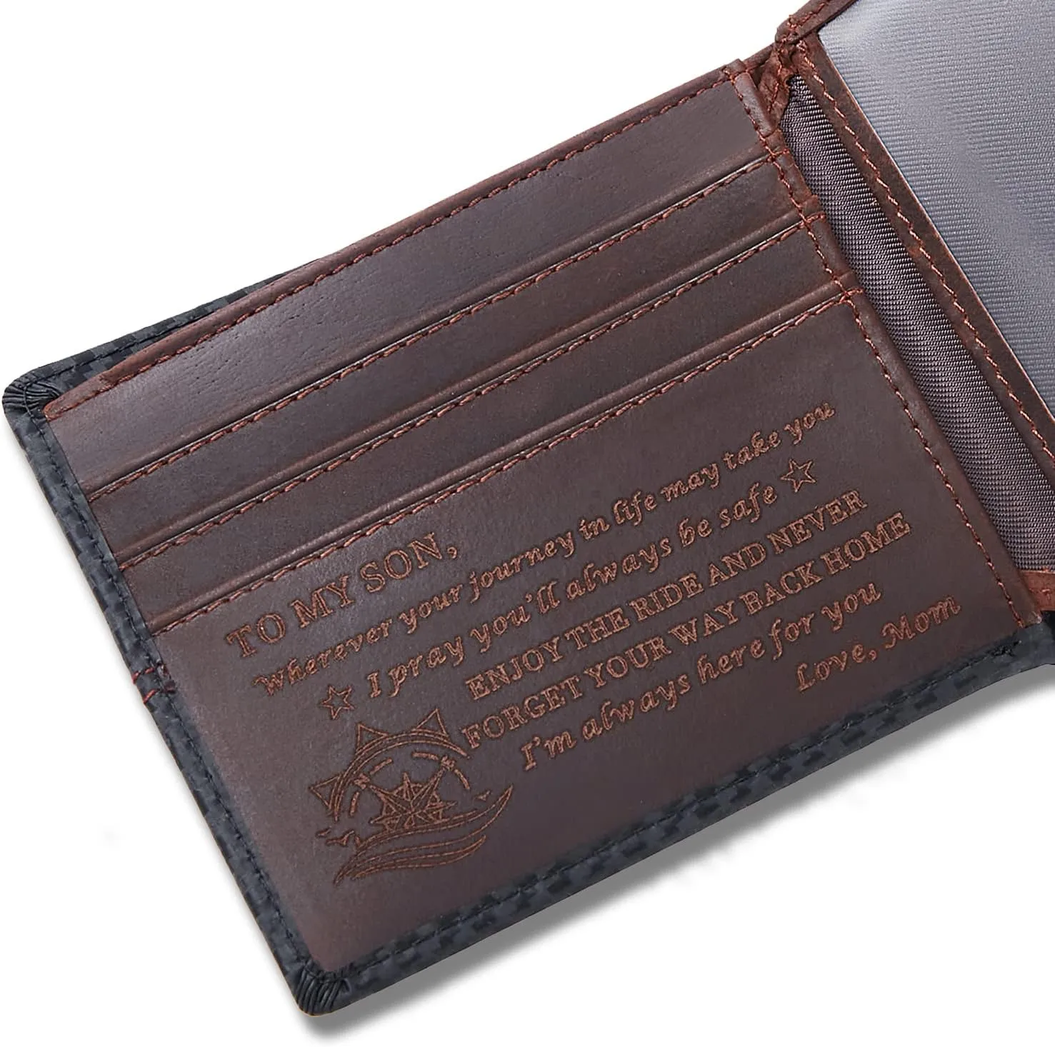 FeiYen Personalized Engraved Leather Wallet for Son from Mom Mother - Christmas Birthday Graduation Wedding Gift - I'm Always Here for You - Mens Custom Bifold Wallets with Love Message for Him