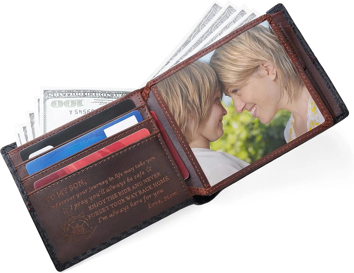 FeiYen Personalized Engraved Leather Wallet for Son from Mom Mother - Christmas Birthday Graduation Wedding Gift - I'm Always Here for You - Mens Custom Bifold Wallets with Love Message for Him