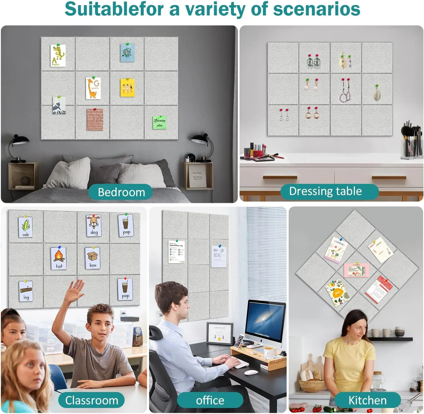 Felt Wall Tiles Bulletin Board with Removable Adhesive, 47"x35" Grey Cork Board Alternative with 40 Push Pins, 12 Pack Large Office Cork Tile Pin Board Felt Squares for Walls