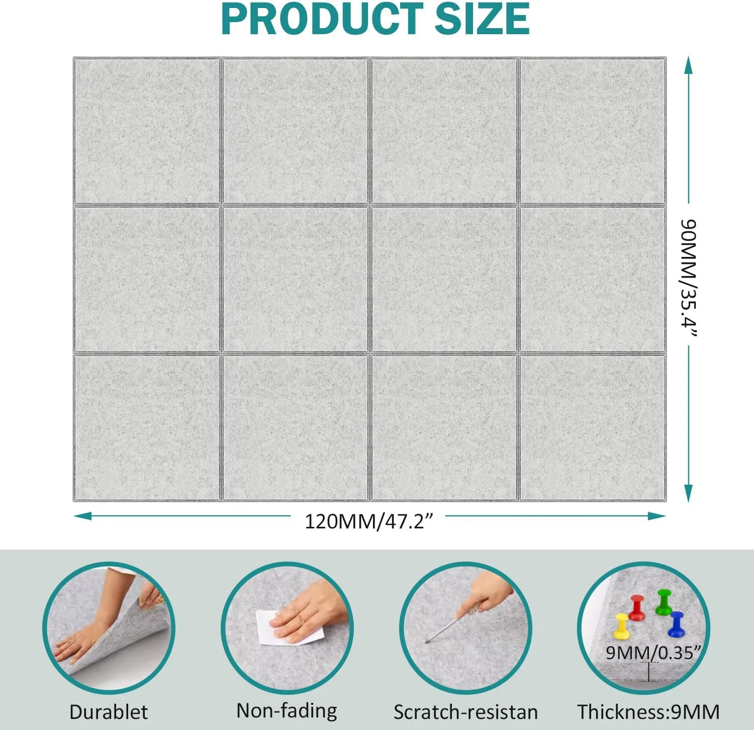 Felt Wall Tiles Bulletin Board with Removable Adhesive, 47"x35" Grey Cork Board Alternative with 40 Push Pins, 12 Pack Large Office Cork Tile Pin Board Felt Squares for Walls