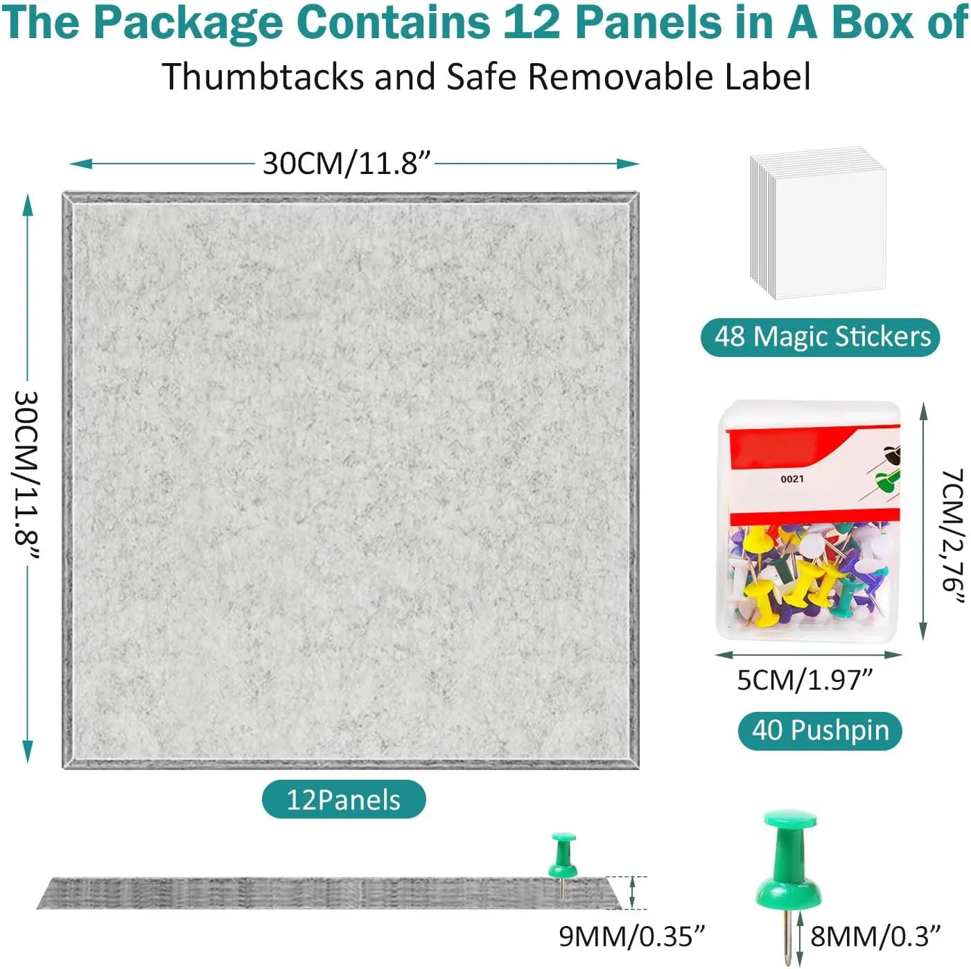 Felt Wall Tiles Bulletin Board with Removable Adhesive, 47"x35" Grey Cork Board Alternative with 40 Push Pins, 12 Pack Large Office Cork Tile Pin Board Felt Squares for Walls