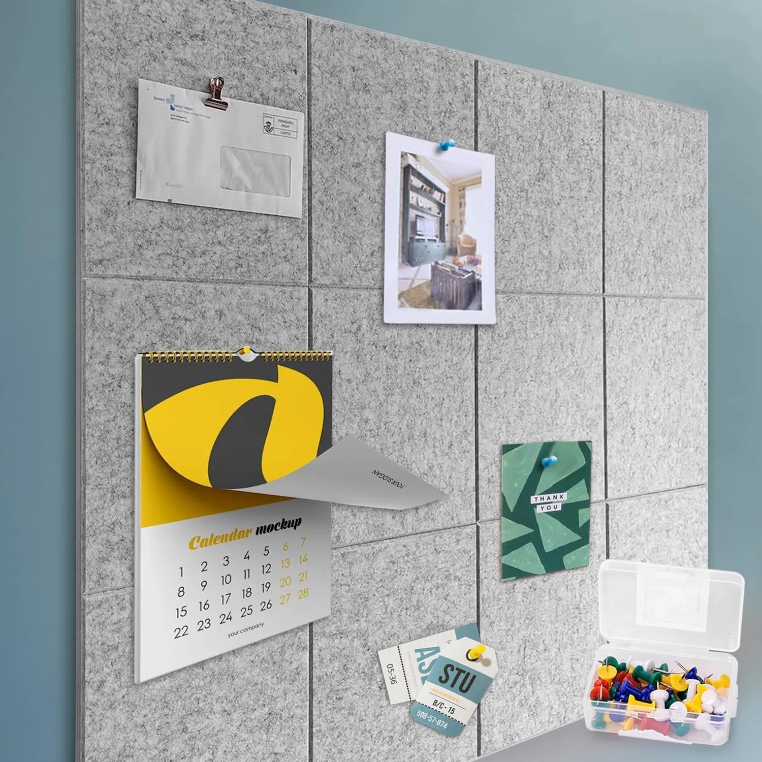 Felt Wall Tiles Bulletin Board with Removable Adhesive, 47"x35" Grey Cork Board Alternative with 40 Push Pins, 12 Pack Large Office Cork Tile Pin Board Felt Squares for Walls