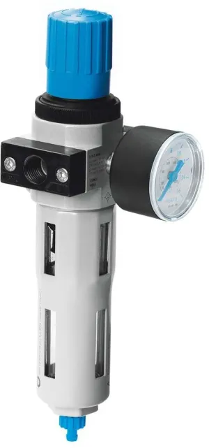 FESTO LFR-1/8-D-MINI 1/8 INCH Port, 175 PSI/1.2 MPA, 230 PSI/1.6 MPA, D Series, Filter Regulator, Grid Dimension 40 MM Without Connecting Plates, P1 MAX: 16 BAR, P2 MAX: 12 BAR, with Pressure Gauge