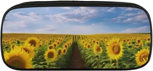Field of Blooming Sunflowers Large Pencil Bag Waterproof Cute Pen Case Travel Cosmetic Leather Makeup Bag Organizer Pen Holder for Men Women