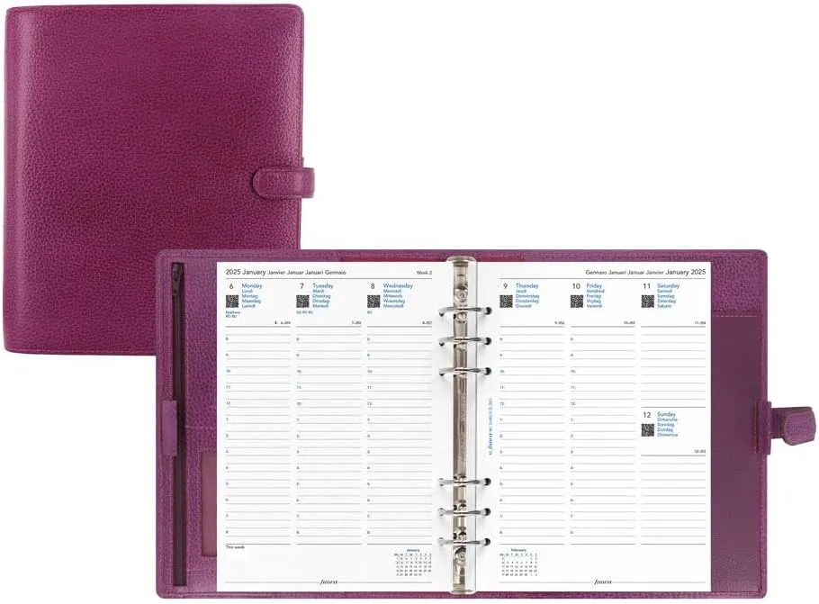 Filofax Finsbury Organizer, A5 Size, Raspberry - Traditional Grained Leather, Six Rings, Week-to-View Calendar Diary, Multilingual, 2025 (C025371-25)