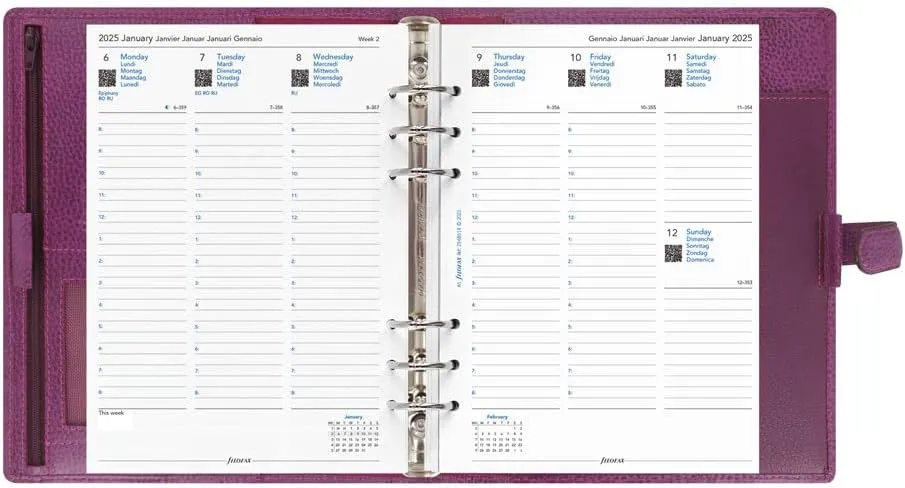 Filofax Finsbury Organizer, A5 Size, Raspberry - Traditional Grained Leather, Six Rings, Week-to-View Calendar Diary, Multilingual, 2025 (C025371-25)