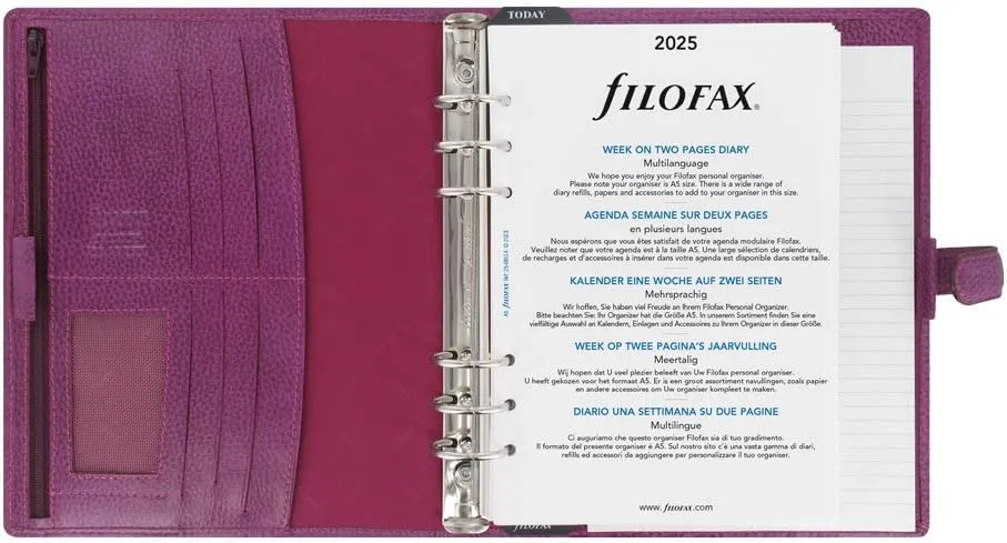 Filofax Finsbury Organizer, A5 Size, Raspberry - Traditional Grained Leather, Six Rings, Week-to-View Calendar Diary, Multilingual, 2025 (C025371-25)