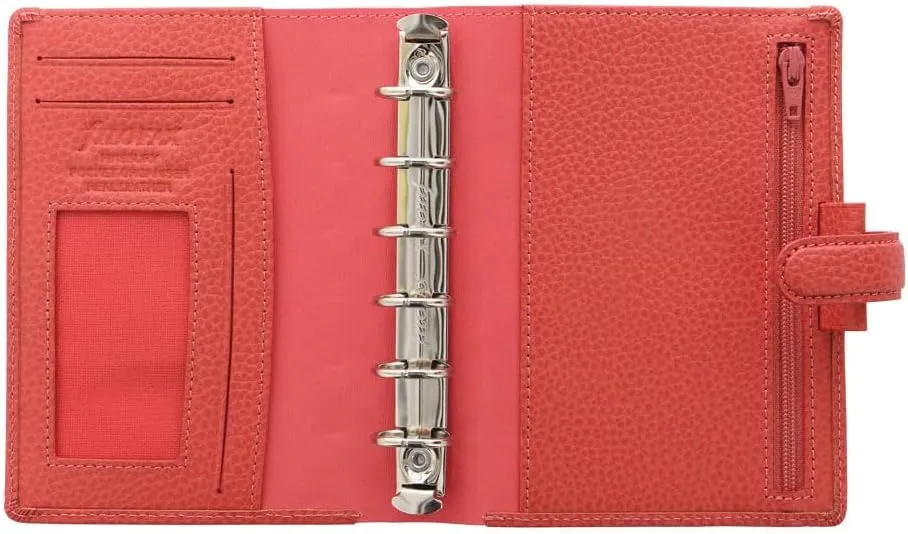 Filofax Finsbury Organizer, Pocket Size, Coral - Traditional Grained Leather, Six Rings, Week-to-View Calendar Diary, Multilingual, 2025 (C025553-25)