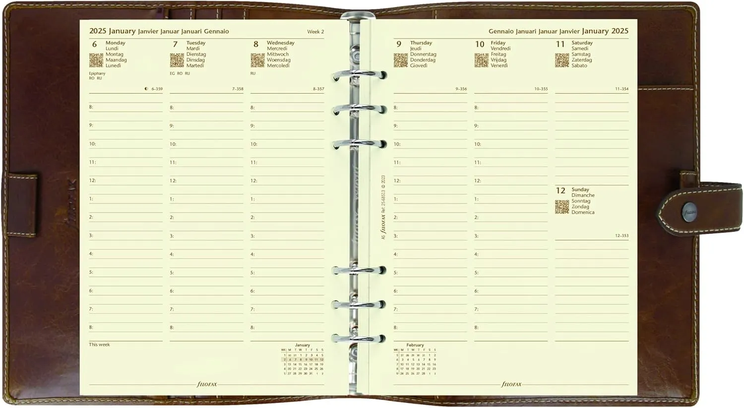 Filofax Malden Organizer, A5 Size, Ochre - Tactile, Full-Grain Buffalo Leather, Six Rings, Cotton Cream Week-to-View Calendar Diary, Multilingual, 2025 (C025847-25)
