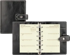 Filofax Malden Organizer, Pocket Size, Black - Tactile, Full-Grain Buffalo Leather, Six Rings, Cotton Cream Week-to-View Calendar Diary, Multilingual, 2025 (C028627-25)