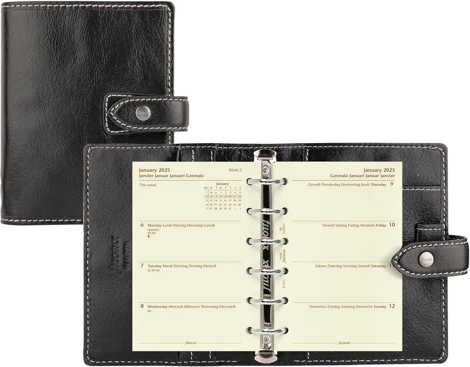 Filofax Malden Organizer, Pocket Size, Black - Tactile, Full-Grain Buffalo Leather, Six Rings, Cotton Cream Week-to-View Calendar Diary, Multilingual, 2025 (C028627-25)