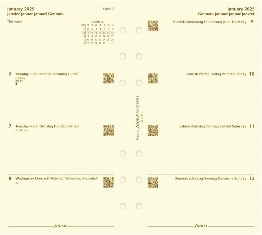 Filofax Malden Zip Organizer, Personal Compact Size, Pink - Tactile, Full-Grain Buffalo Leather, Six Rings, Cotton Cream Week-to-View Calendar Diary, Multilingual, 2025 (C022631-25)