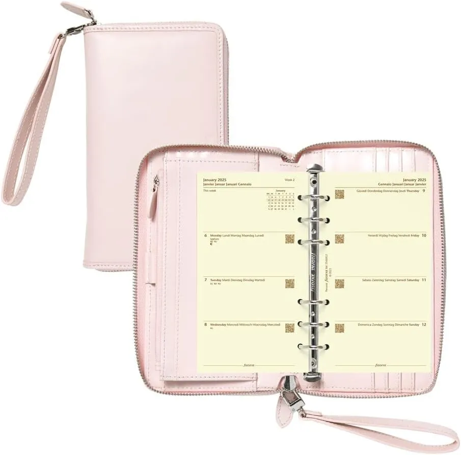 Filofax Malden Zip Organizer, Personal Compact Size, Pink - Tactile, Full-Grain Buffalo Leather, Six Rings, Cotton Cream Week-to-View Calendar Diary, Multilingual, 2025 (C022631-25)