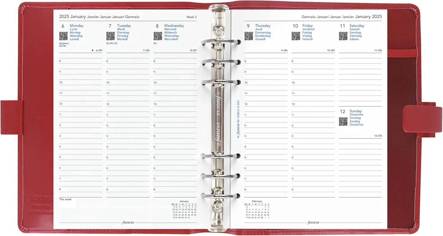 Filofax Metropol Organizer, A5 Size, Red - Leather-Look, Six Rings, Week-to-View Calendar Diary, Multilingual, 2025 (C026972-25)