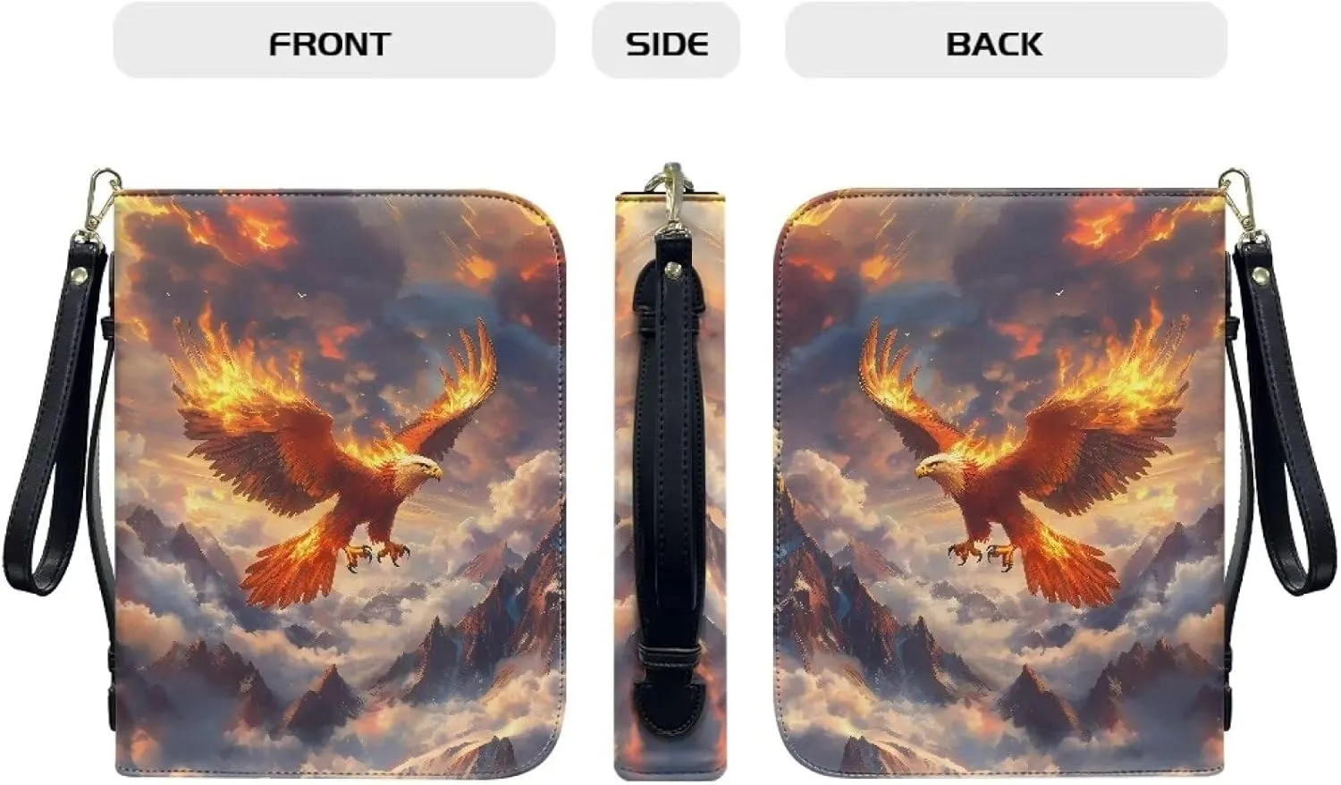 Flaming Bald Eagle Snowy Mountain Cloud Print PU Leather Bible Cover for Women Men Multifunctional Bible Carrying Case Bible Cover Bag with Detachable Wristlet Strap Scripture Bag, L