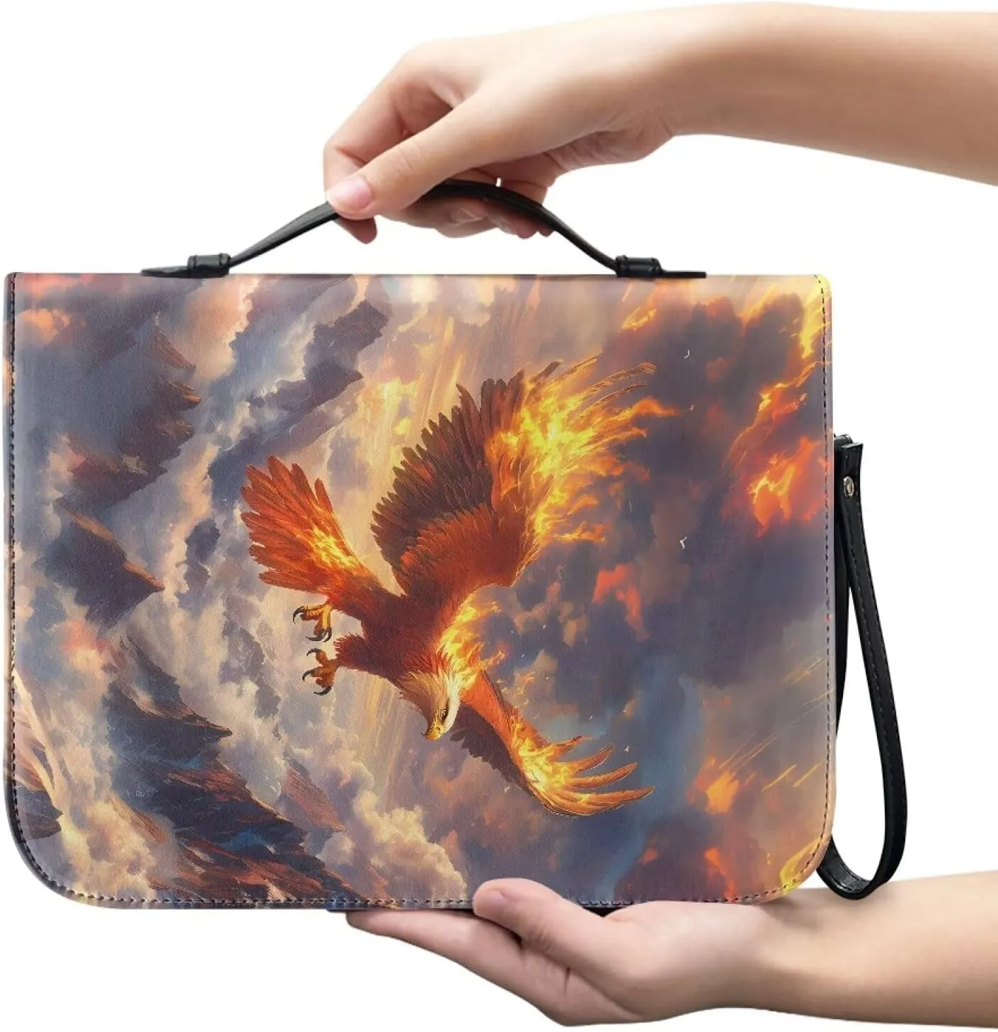 Flaming Bald Eagle Snowy Mountain Cloud Print PU Leather Bible Cover for Women Men Multifunctional Bible Carrying Case Bible Cover Bag with Detachable Wristlet Strap Scripture Bag, L