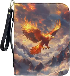 Flaming Bald Eagle Snowy Mountain Cloud Print PU Leather Bible Cover for Women Men Multifunctional Bible Carrying Case Bible Cover Bag with Detachable Wristlet Strap Scripture Bag, L