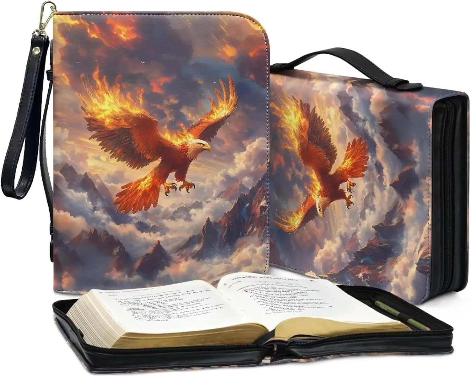 Flaming Bald Eagle Snowy Mountain Cloud Print PU Leather Bible Cover for Women Men Multifunctional Bible Carrying Case Bible Cover Bag with Detachable Wristlet Strap Scripture Bag, L