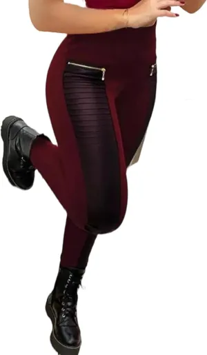 Flamingals Faux Leather Mid Waisted Tummy Control Motorcycle Leggings for Women Stretchy with Pockets Patch Zip