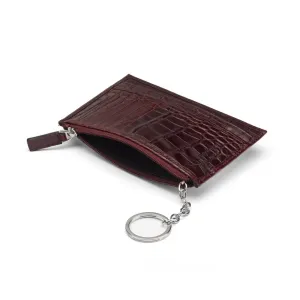 Flat Leather Credit Card Jotter With Zip - Burgundy Croc-Effect