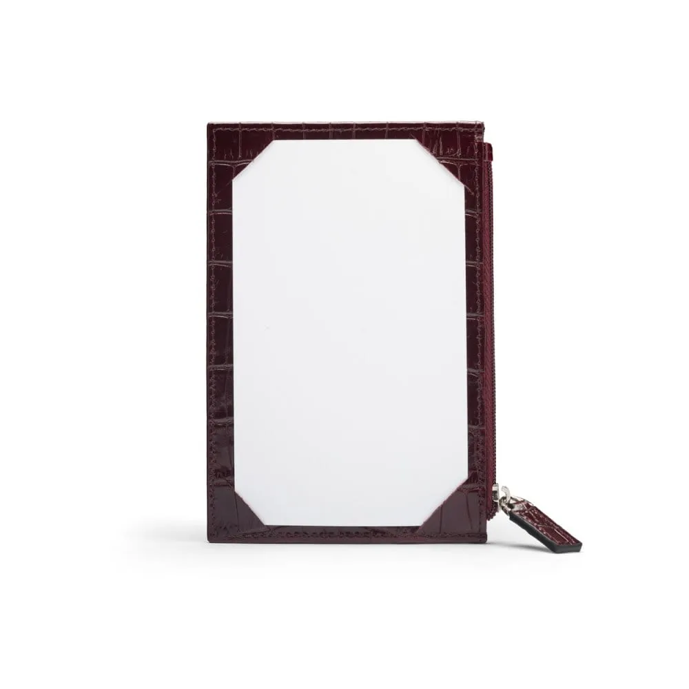 Flat Leather Credit Card Jotter With Zip - Burgundy Croc-Effect
