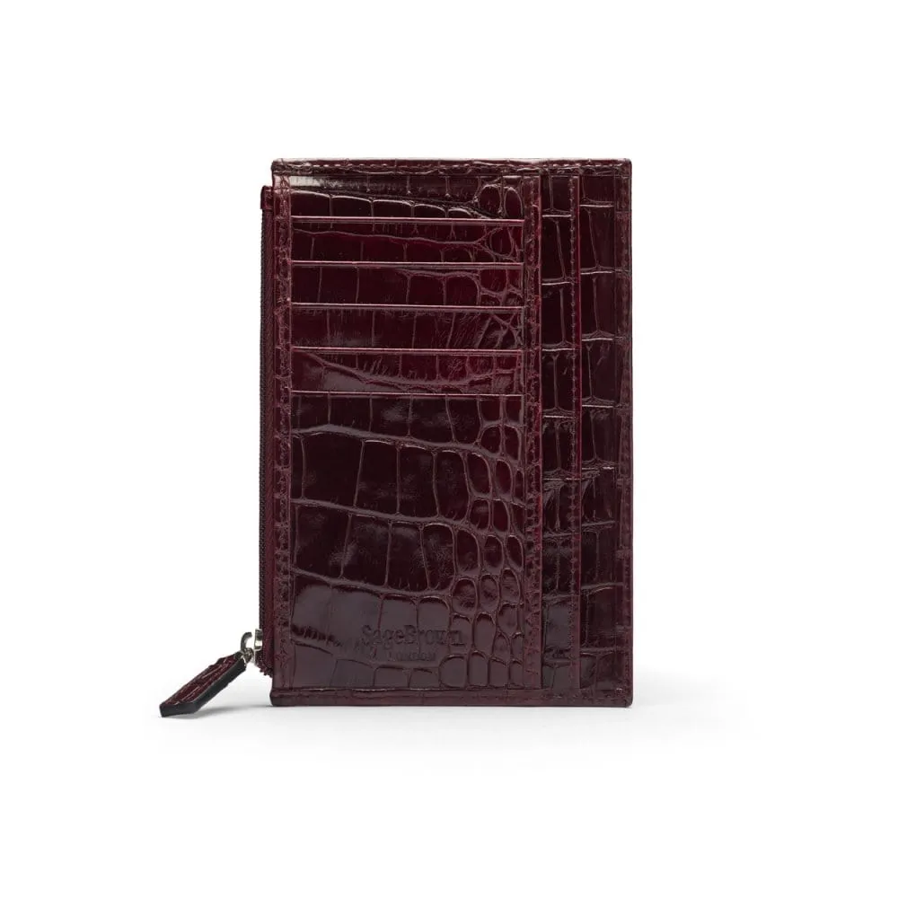 Flat Leather Credit Card Jotter With Zip - Burgundy Croc-Effect