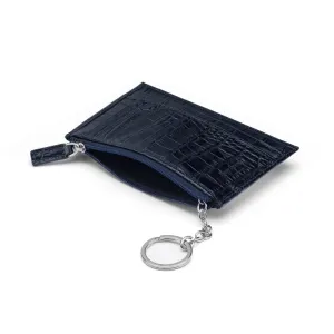 Flat Leather Credit Card Jotter With Zip - Navy Croc-Effect