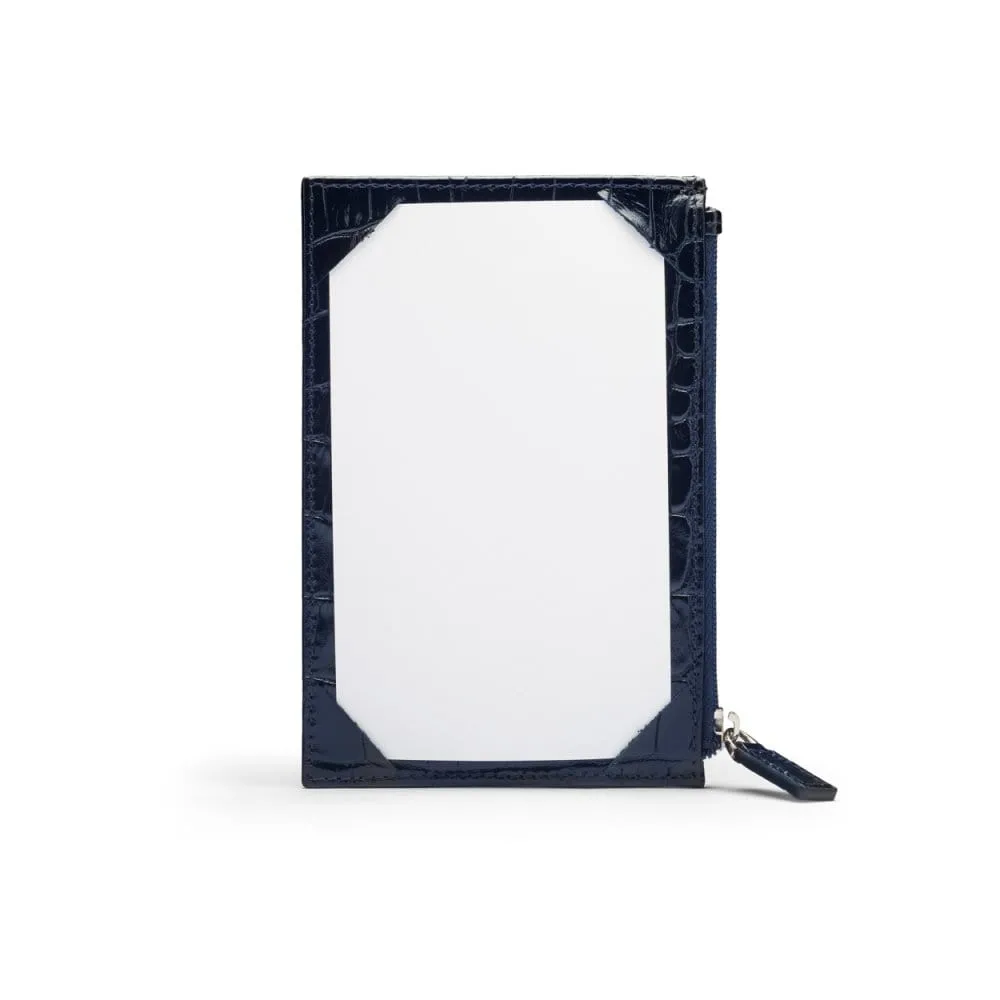 Flat Leather Credit Card Jotter With Zip - Navy Croc-Effect