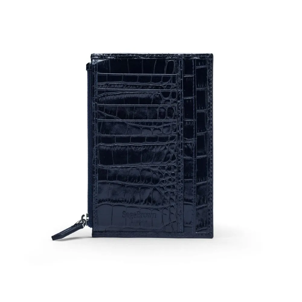 Flat Leather Credit Card Jotter With Zip - Navy Croc-Effect